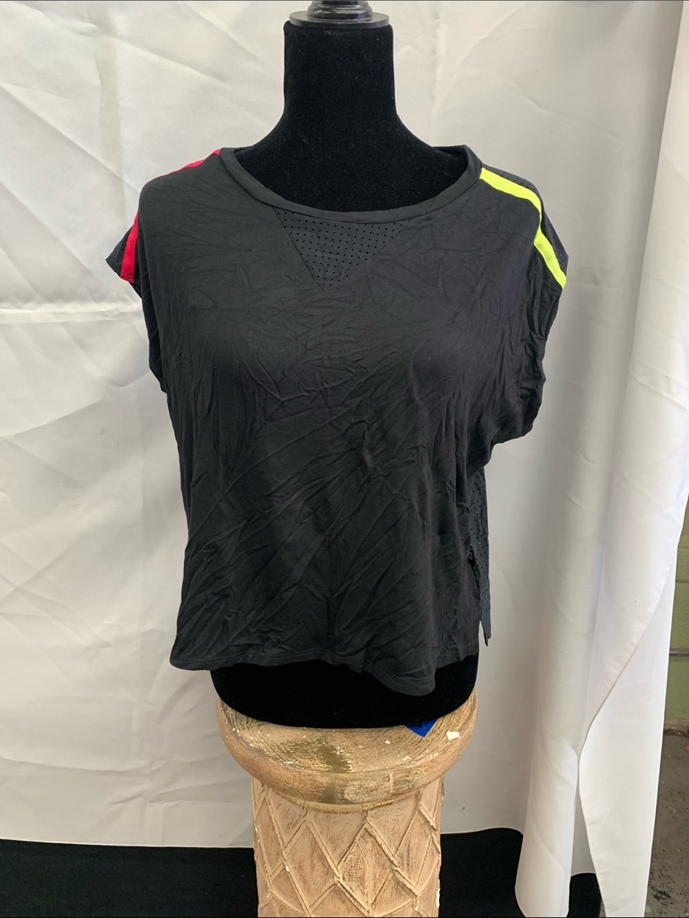 Terez Black Crop Top with Neon Yellow and Neon Pink Shoulder Stripes